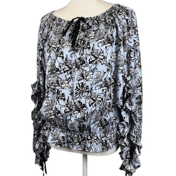 Robert Rodriguez 100% Silk Blouse Open Ruffle Sleeve Tie Neck Elastic Waist XS - Picture 1 of 10